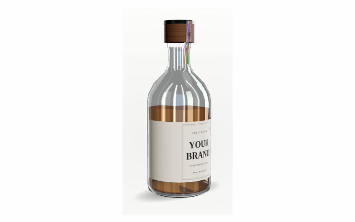 A spirits bottle with a holographic security strip over the cork and neck