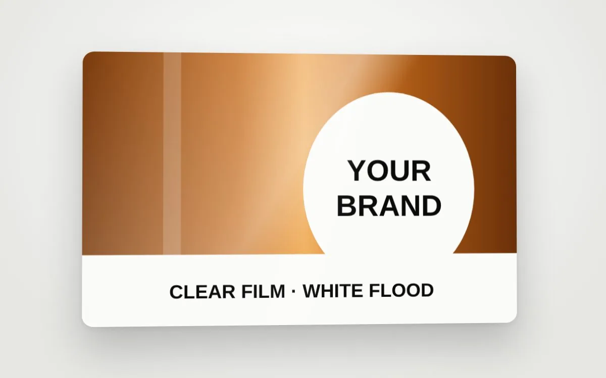 A clear-film product label with a white flood behind the brand area.
