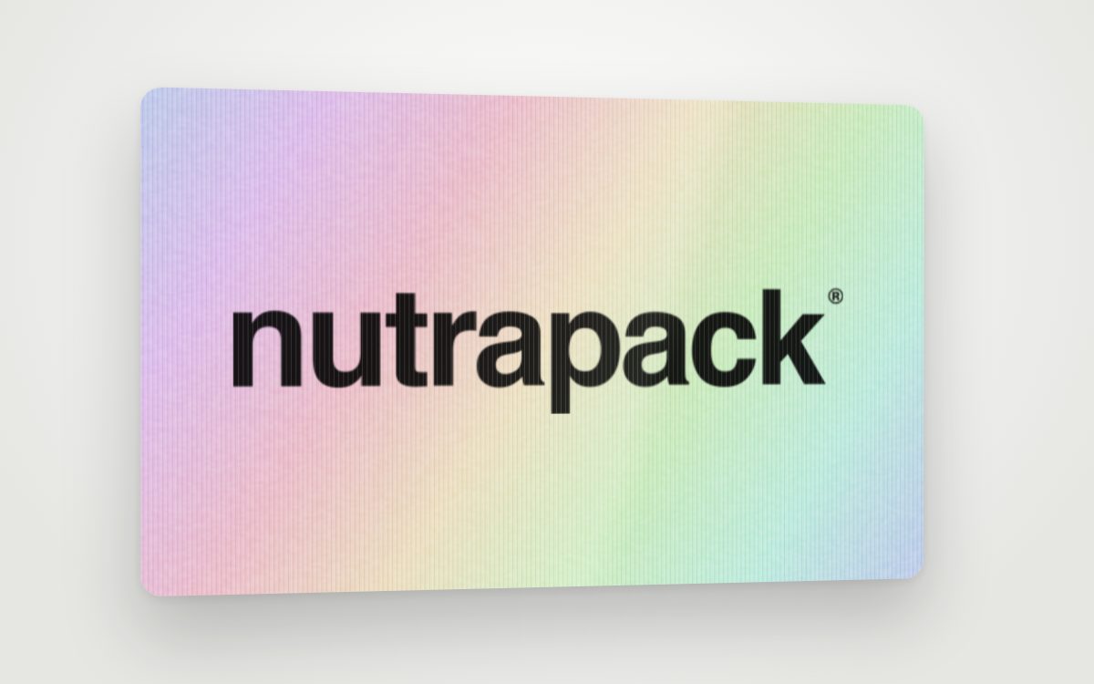 A flip-image label showing the NutraPack wordmark on a holographic background
