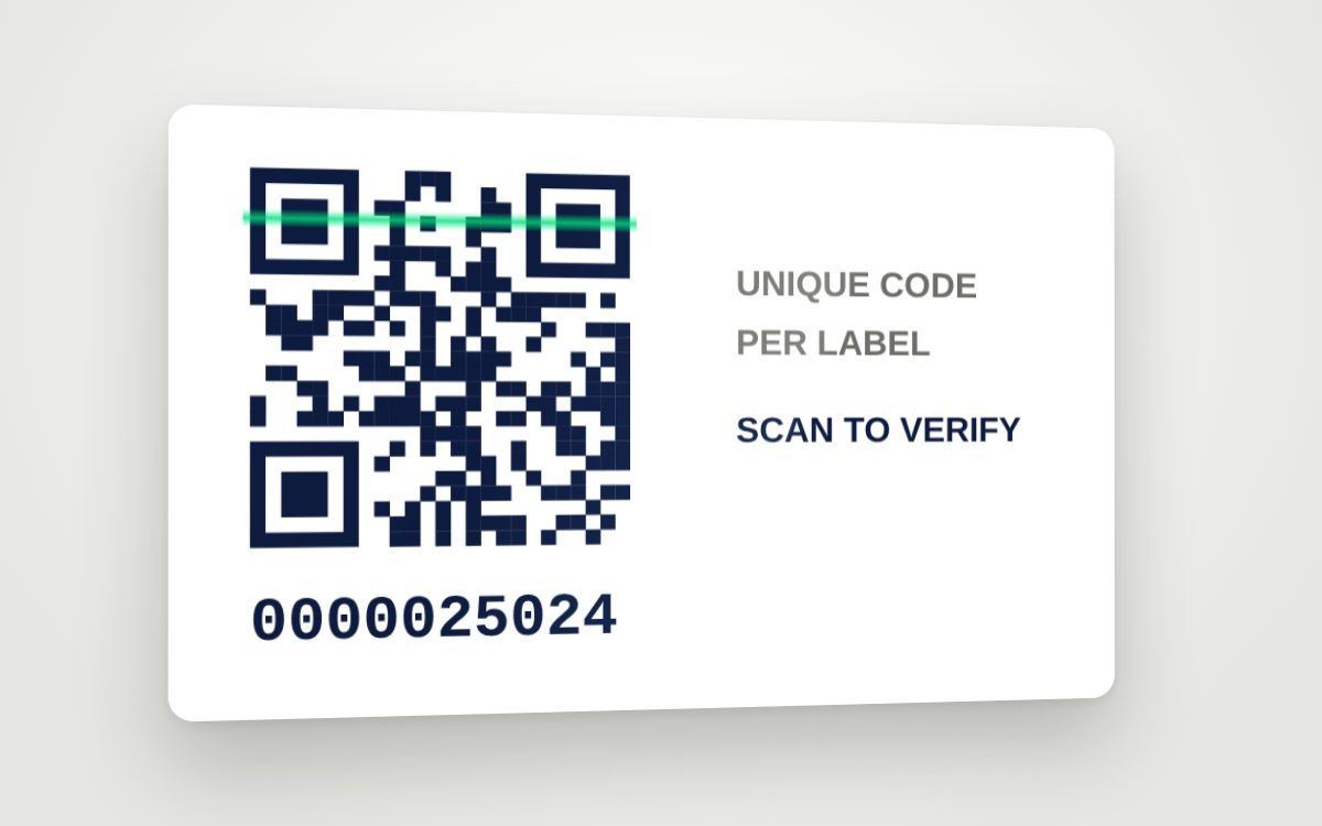 A label with a unique QR code and serial number for verification