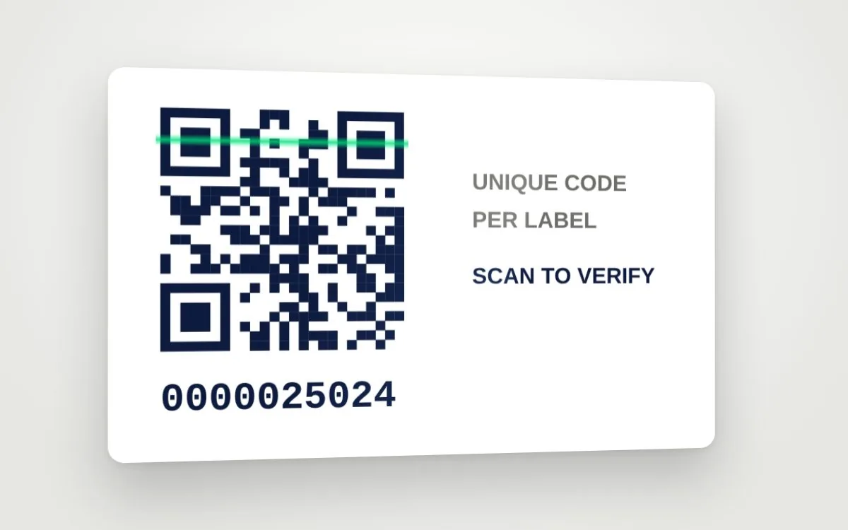 A label with a unique QR code and serial number for verification