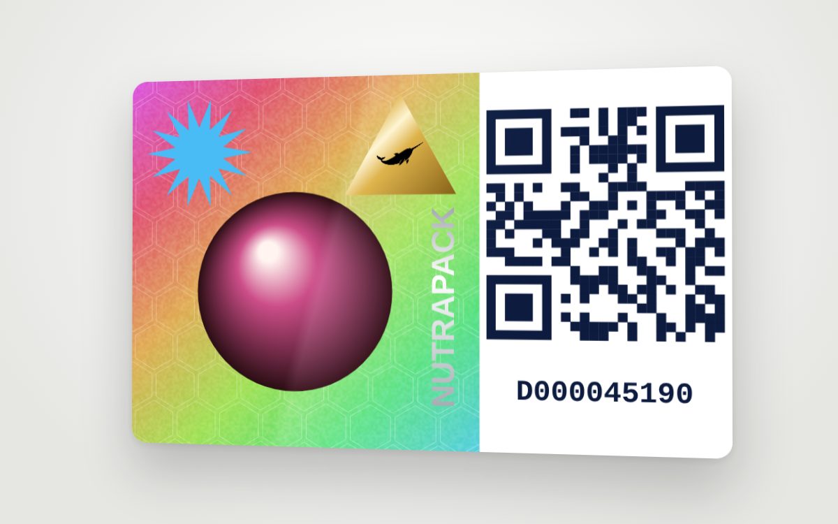 A layered holographic security label with a gold foil seal, foil wordmark and unique QR code