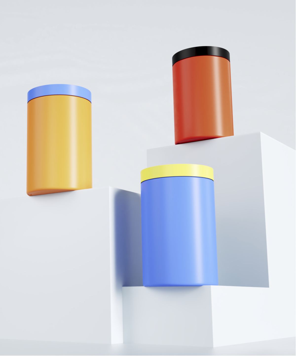 Custom colored supplement tubs on white plinths