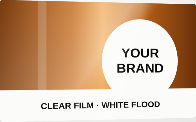 Opaque / transparent white combo label sample. Clear film shows the product through it; a white flood makes graphics pop.