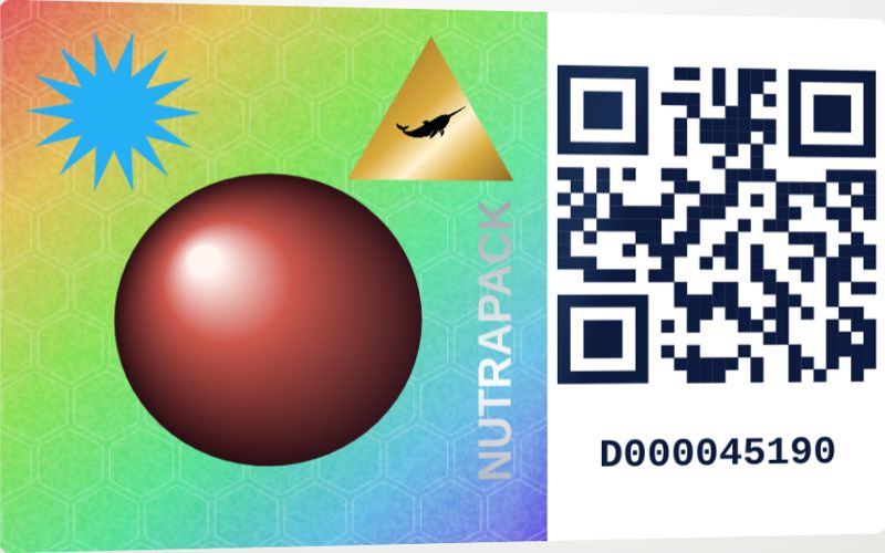 Layered security label sample. Everything on one label: holographic art, a metallic burst, a gold foil seal, a foil wordmark, and a unique QR code and serial on every label.