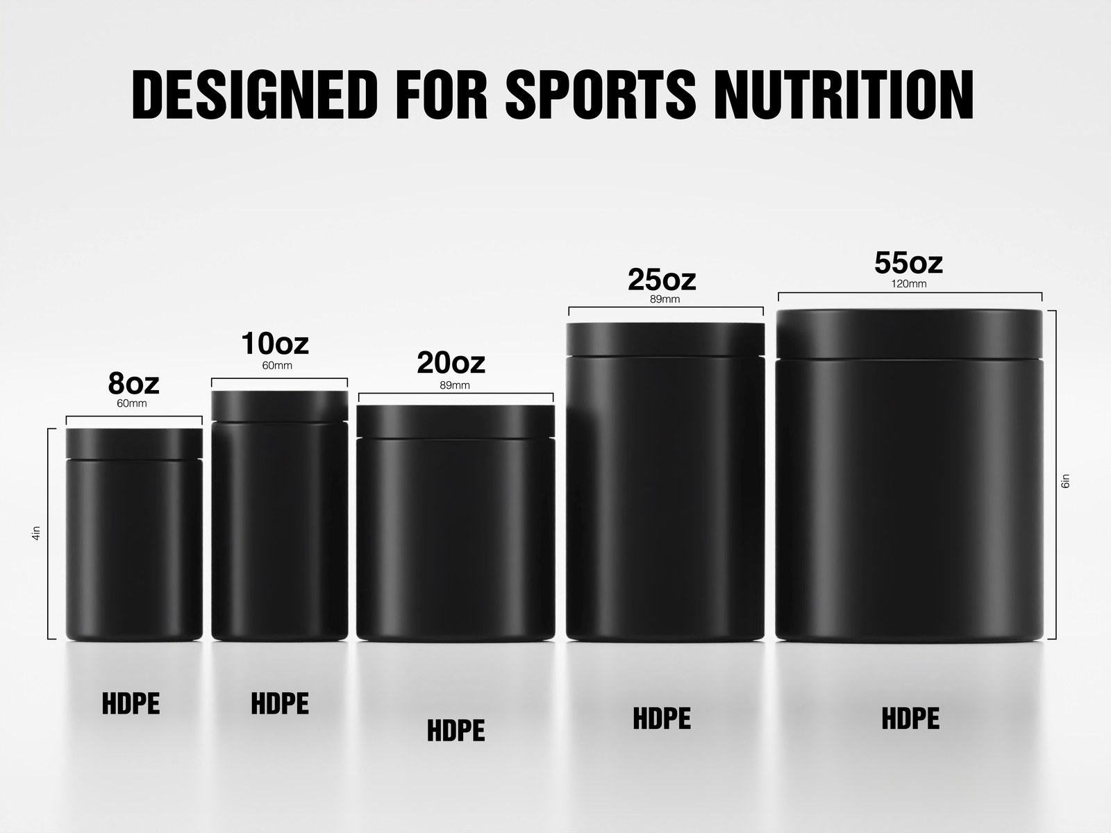 Five HDPE supplement tubs from 8 oz to 55 oz with their diameters